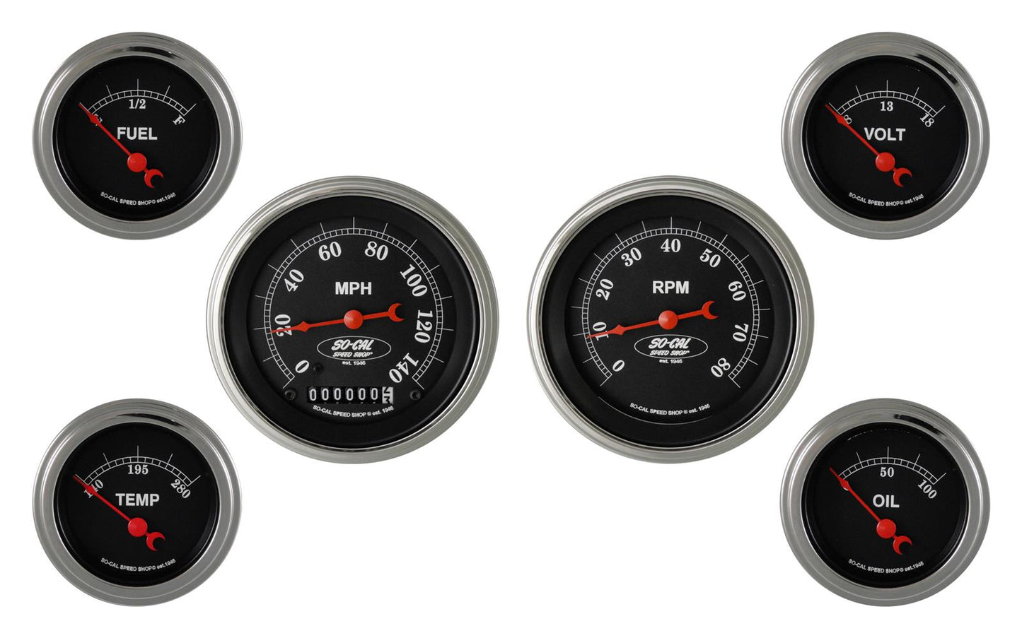 Classic Instruments SC01SLC So-Cal - 6 Gauge Set 3-3/8" Speedo & Tacho, 2-1/18" Fuel, Oil, Temp, Volts