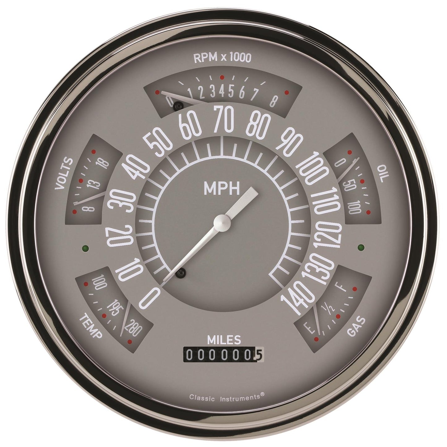 Classic Instruments SX01GBLF Gray - 6 Gauge Set 3-3/8" Speedo & Tacho, 2-1/18" Fuel, Oil, Temp, Volts