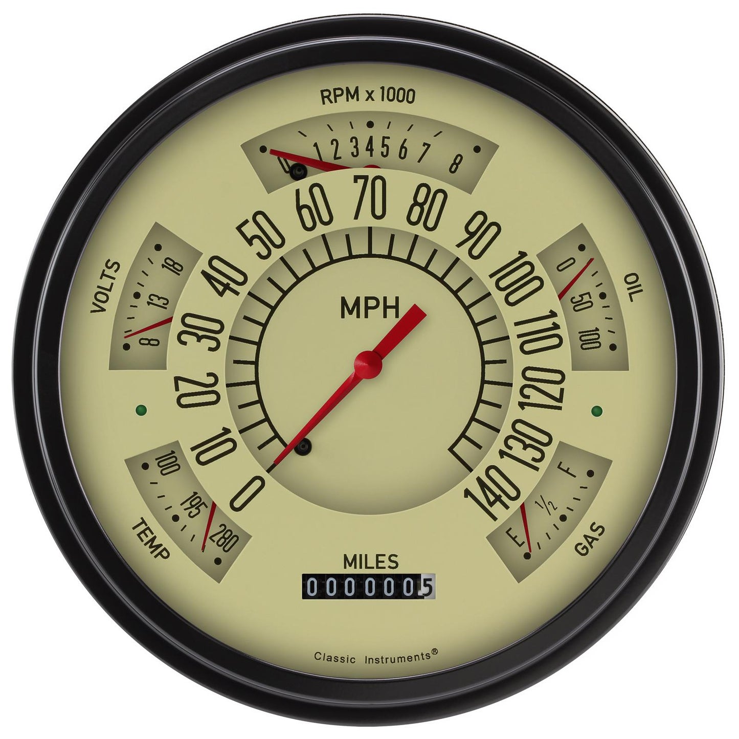 Classic Instruments SX01TBLF Tan - 6 Gauge Set 3-3/8" Speedo & Tacho, 2-1/18" Fuel, Oil, Temp, Volts