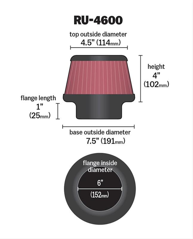 K&N Filters KNRU-4600 Universal Rubber Filter 6"Flg 7-1/2"B 4-1/2"T 4"H"