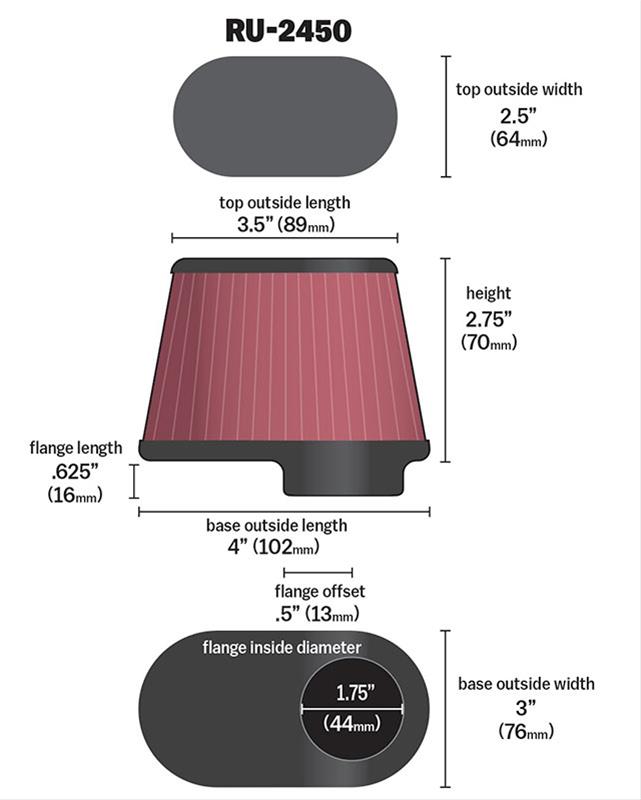 K&N Filters KNRU-2450 Universal Rubber Filter 1-3/4"Flg O/S 4" X 3"B 3""