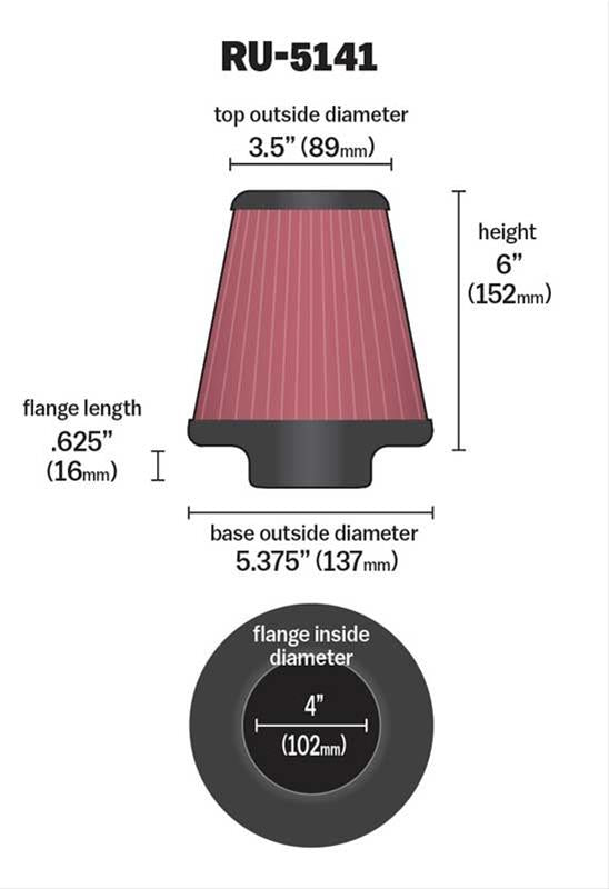 K&N Filters KNRU-5141 Universal Rubber Filter 4"Flg 5-3/8""B 3-1/2"T 6"H"