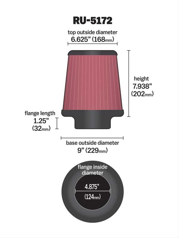 K&N Filters KNRU-5172 Universal Rubber Filter 4-7/8" Flg 9"B 6-5/8"Od 7-1"