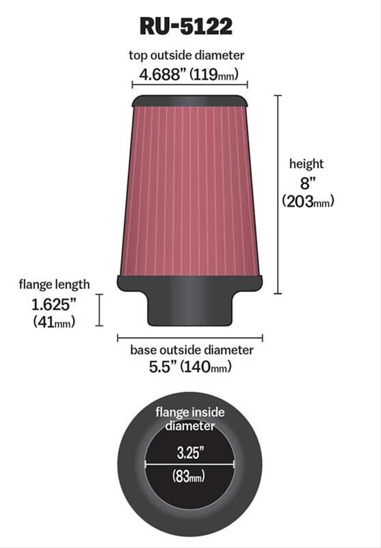 K&N Filters KNRU-5122 Universal Rubber Filter 3-1/4"Flg 5-1/2"B 4-11/16"T"