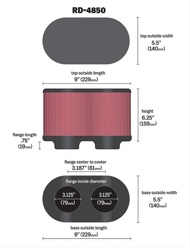 K&N Filters KNRD-4850 Custom Air Filter Hlbrn 3-1/8" Dual 9" X 5-1/2""