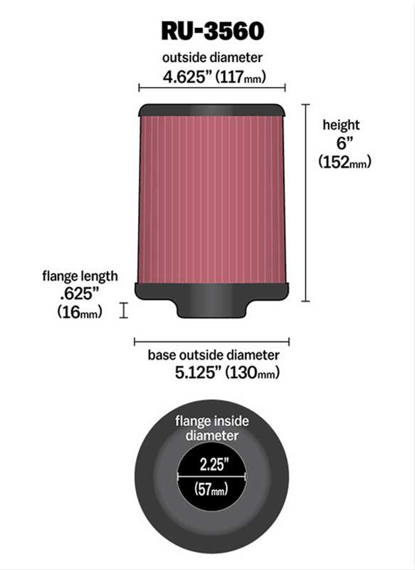 K&N Filters KNRU-3560 Universal Rubber Filter 2-1/4"Flg 5-1/8"B 4-5/8"T 6"