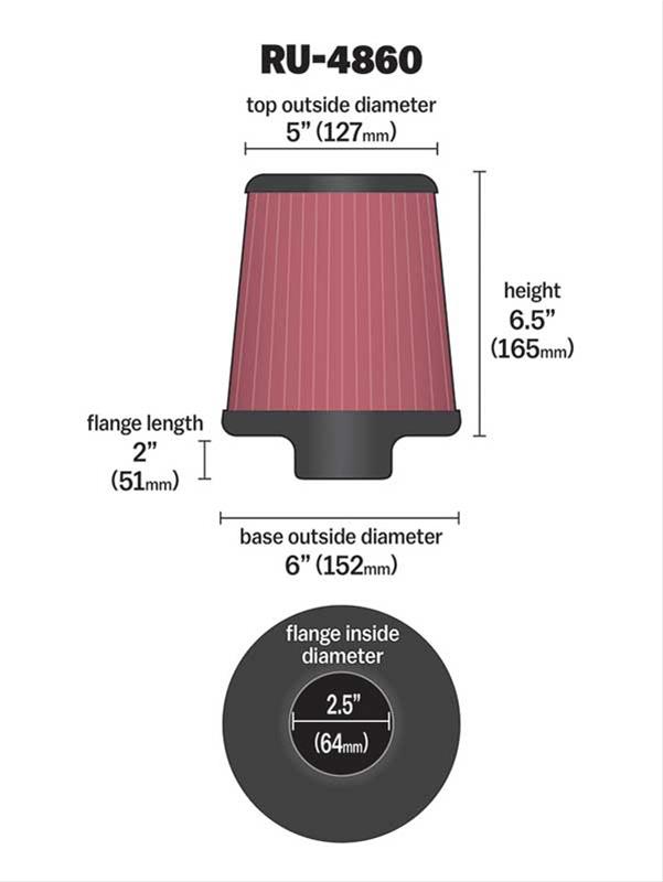 K&N Filters KNRU-4860 Universal Rubber Filter 2-1/2"Flg 6"B 5"T 6-1/2"H"