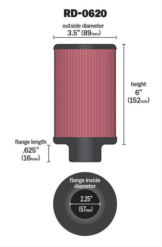 K&N Filters KNRD-0620 Universal Rubber Air Filter 2-1/4"Flg 3-1/2"Od 6"H"