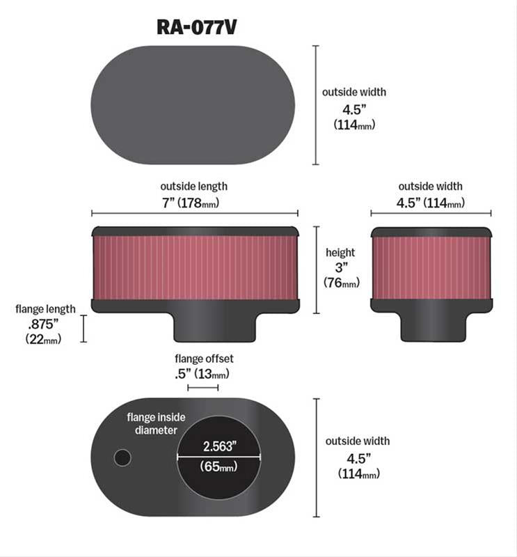 K&N Filters KNRA-077V Universal Chrome Air Filter 2-9/16"O/S Flg 7" X 4-1/2" 3"