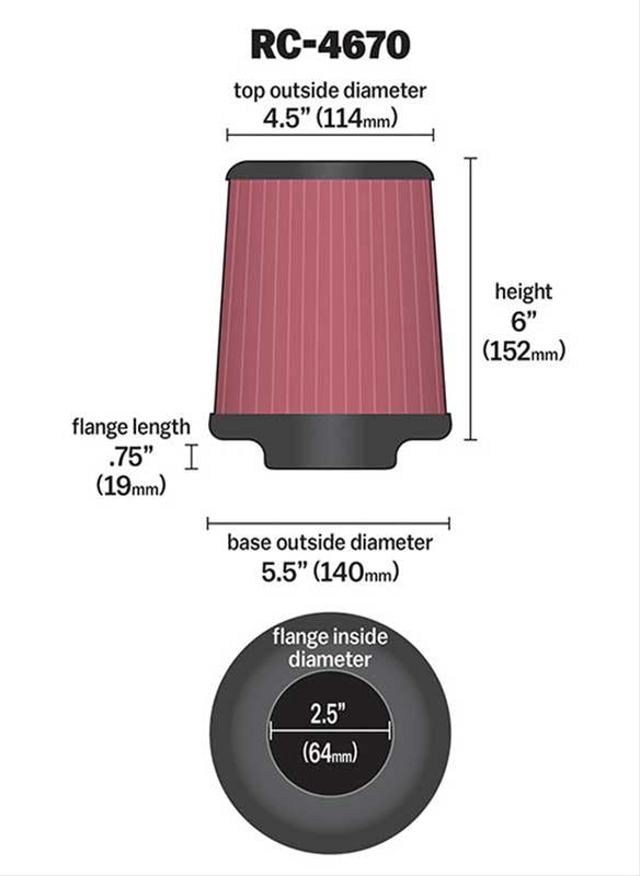 K&N Filters KNRC-4670 Universal Chrome Air Filter 2-1/2"Flg 5-1/2"B 4-1/2"T 6"