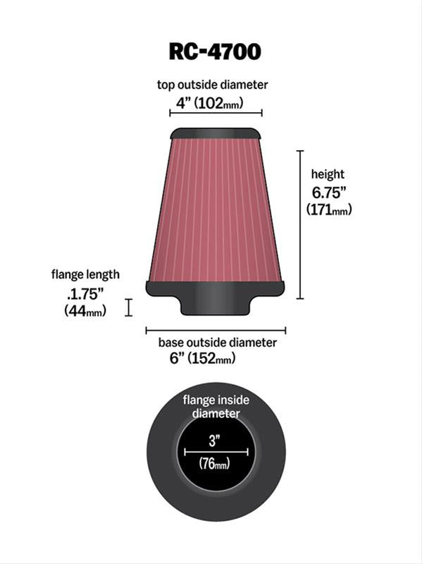 K&N Filters KNRC-4700 Universal Chrome Air Filter 3"Flg 6"B 4"T 6-3/4"H"