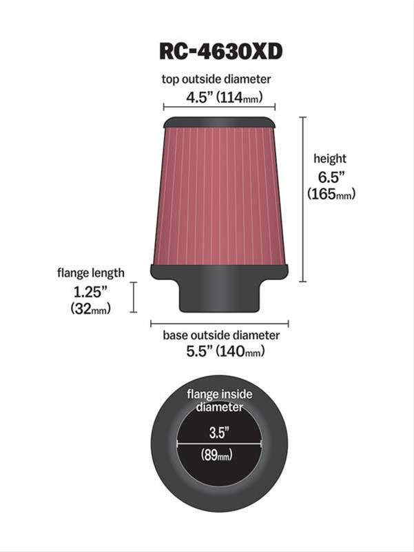 K&N Filters KNRC-4630XD Universal Clamp-On Air Filter 3-1/2"Flg 5-1/2"B 4-1/2"T 6"