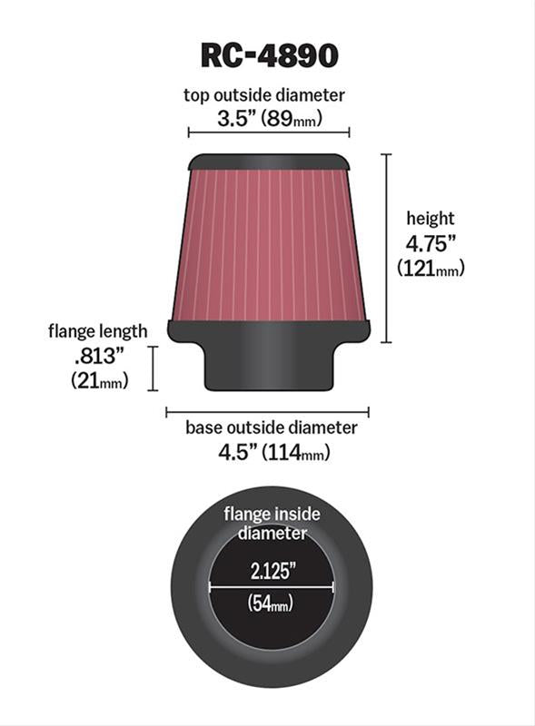 K&N Filters KNRC-4890 Universal Chrome Air Filter 2-1/8"Flg 4-1/2"B 3-1/2"T 4"