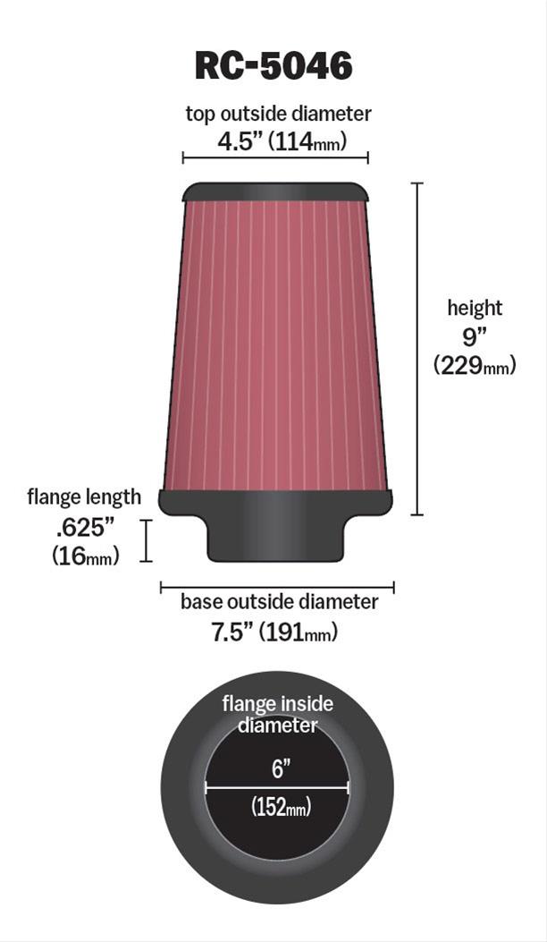 K&N Filters KNRC-5046 Universal Chrome Air Filter 6"Flg 7-1/2"B 4-1/2"T 9"H"