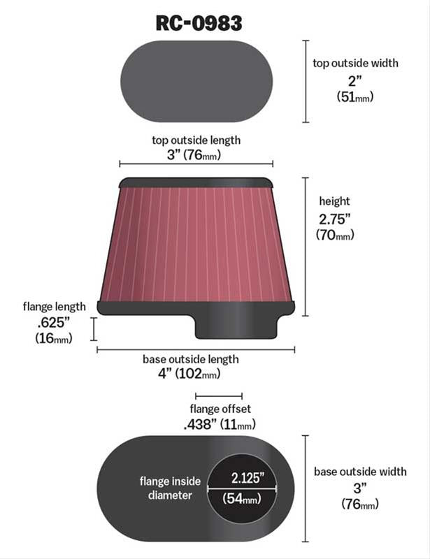 K&N Filters KNRC-0983 Universal Chrome Air Filter 3 2-1/8"Flg 3" X 4"B 2-3/4"H"