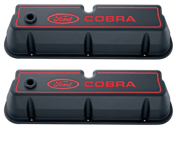 Ford Racing FMS-302-056 Ford Cobra' Die-Cast Alum Valve Covers Black Crinkle Red Recessed Emblems.