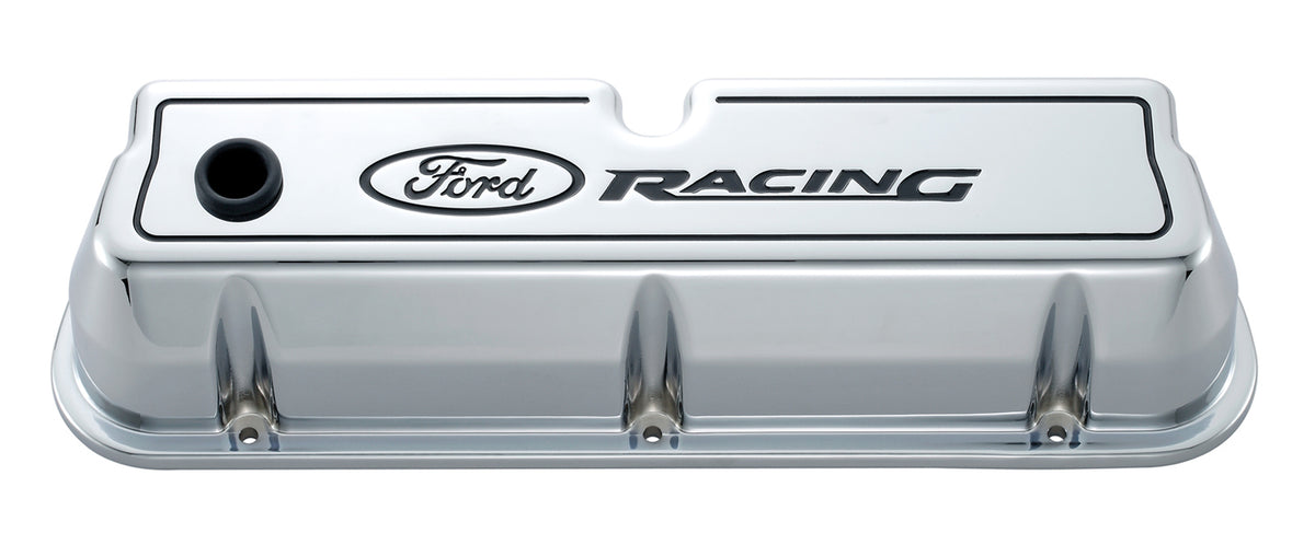 Ford Racing FMS-302-002 Ford Racing' Die-Cast Alum Valve Covers Chrome Black Recessed Emblems (M-6582-R302).