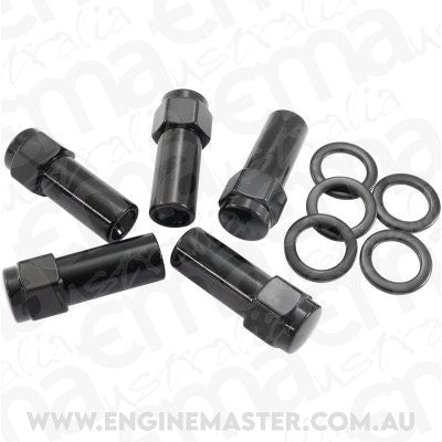 Aeroflow AF3025-9000 1.380" Shank Closed Black Wheel Nuts - M12 x 1.25mm Pack of 5, Washer Seat with Shank