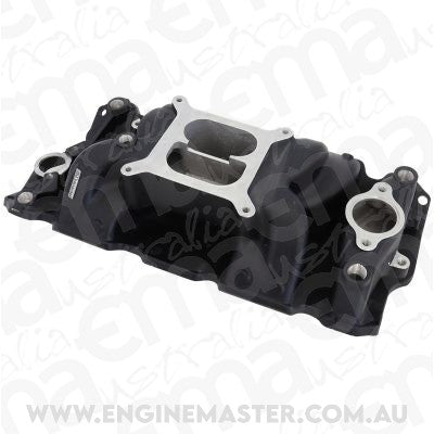 Aeroflow AF6210-1001 SB Chev Air Gap Dual Plane Intake Manifold Black Finish 1500 - 6500 RPM Square Bore Carburettor Pad Non-EGR