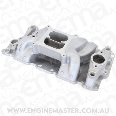 Aeroflow Performance Products AF6010-1001 SB Chev Air Gap Dual Plane Intake Manifold, Natural Cast Finish 1500 - 6500 RPM, Square Bore Carburettor Pad, Non-EGR