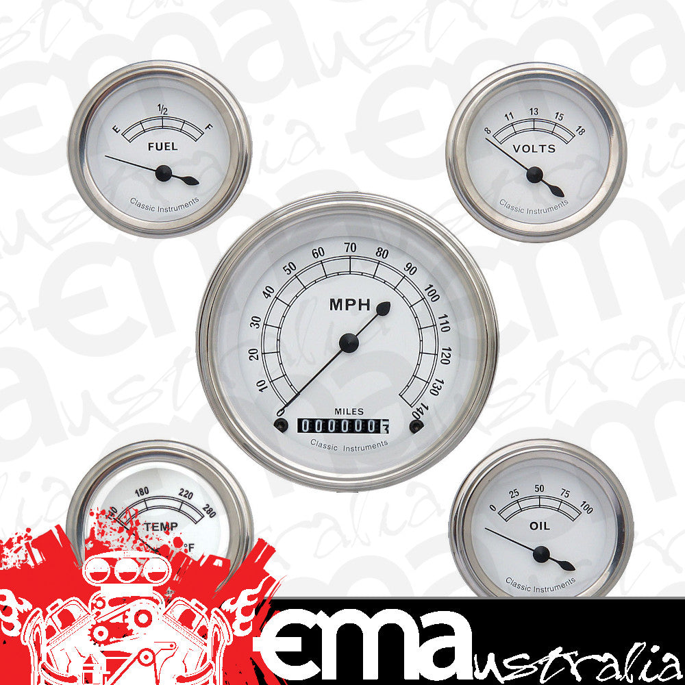 Classic Instruments CW00SLF Classic White - 5 Gauge Set 3-3/8" Speedo, 2-1/18" Fuel, Oil, Temp, Volts