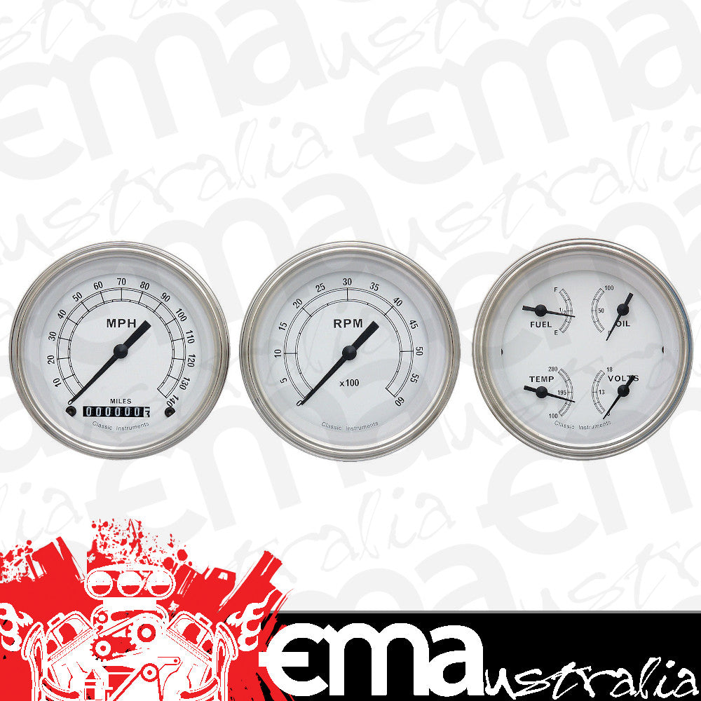 Classic Instruments CW03SLF Classic White - 3 Gauge Set 3-3/8" Speedo, Tach & Dual