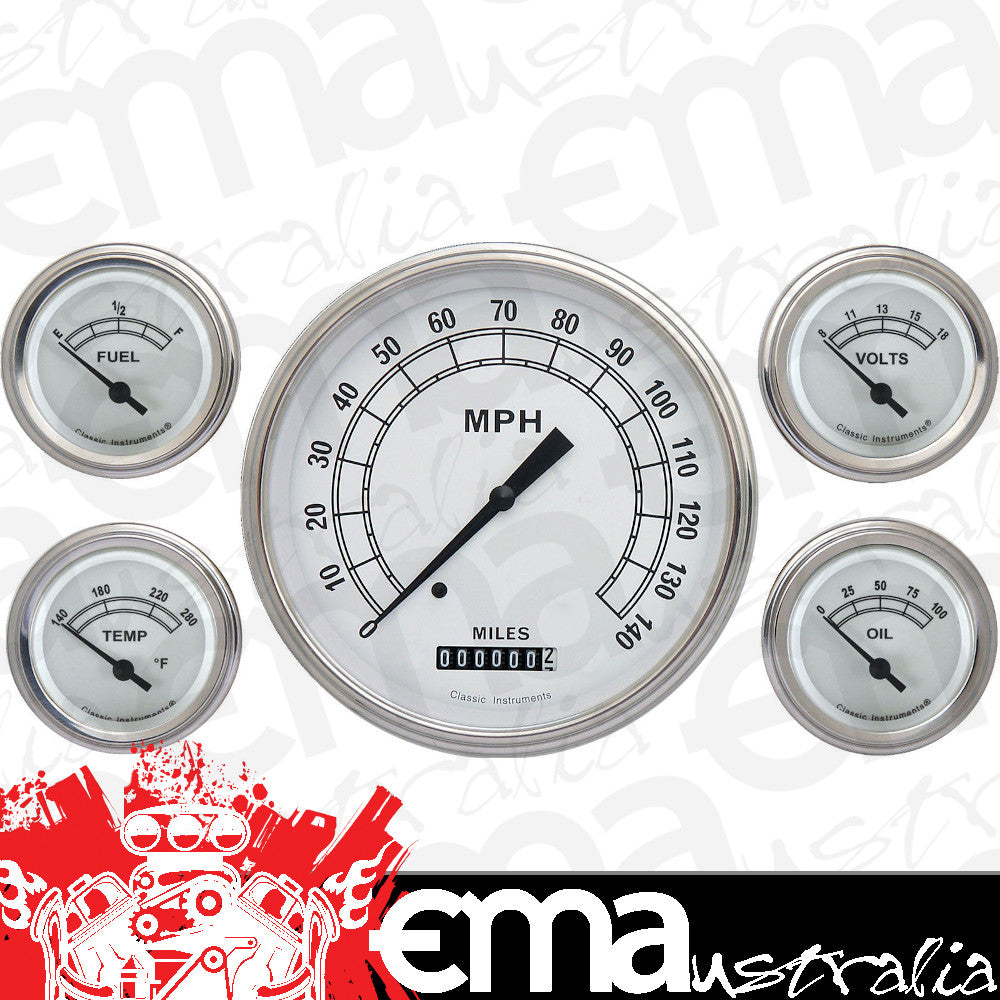 Classic Instruments CW54SLF Classic White 4 - 5/8" Speedo, 2-1/8" Fuel, Oil, Tem