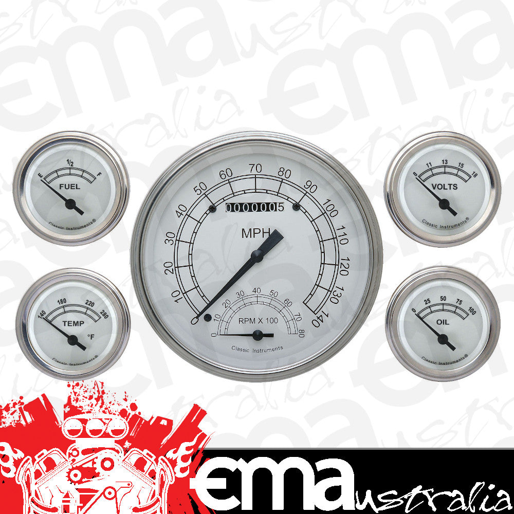 Classic Instruments CW65SLF Classic White - 5 Gauge Set 4-5/8" Speedtachular & 2-1/8" Fuel, Oil, Temp, Volts