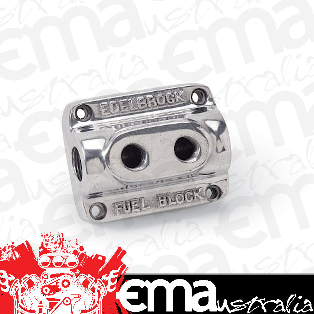 Edelbrock ED12801 Polished Fuel Distribution Block Dual Outlet Fuel Block, 3/8" Inlet, 1/4" Outlet ED12801
