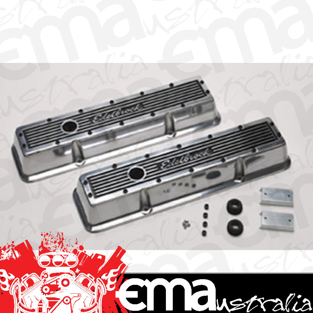 Edelbrock ED4248 Elite Series Valve Covers - Polished Finish Small Block Chevy Low Profile W/ Logo 3" Overall Ht. ED4248