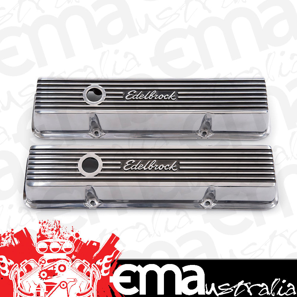 Edelbrock ED4262 Elite 2 Series Short Valve Covers - Polished suit SB Chev W/ Edelbrock Logo ED4262