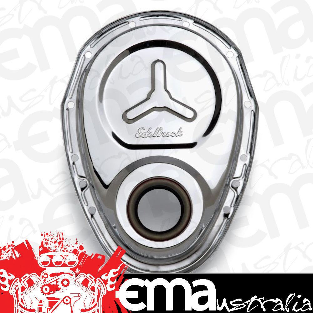 Edelbrock 4860 Timing Cover SBC Stamped Steel W/Welded Star & Logo Chrome