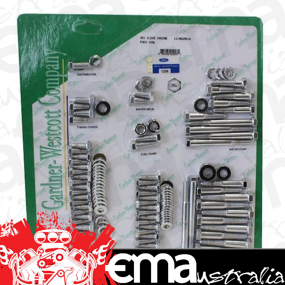 Ford Cleveland 302/351 CID Gardner Westcott S/S Engine Dress-Up Bolt Kit Logo 302/351C Gardener-Westcott GW11-56255-HSP