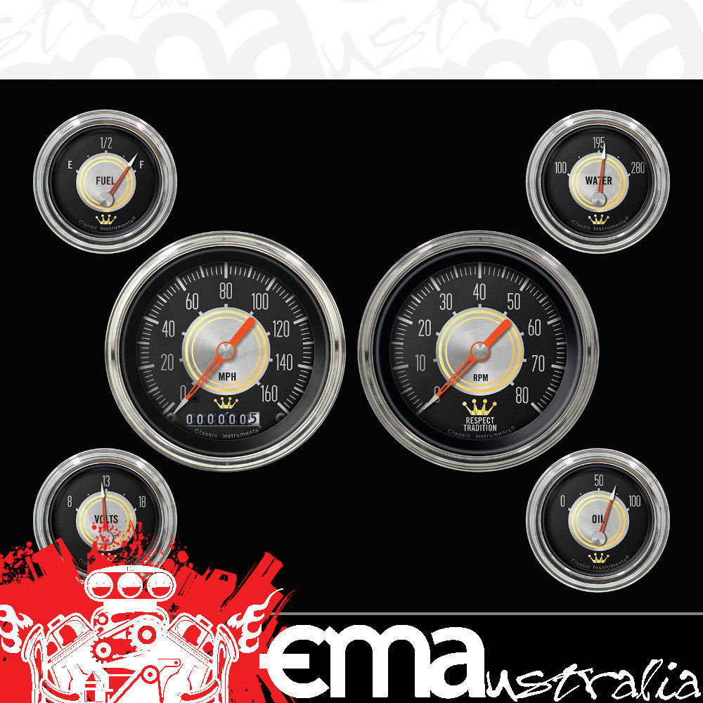Classic Instruments | HH01SLC | Hollywood Hot Rod - 6 Gauge Set 3-3/8" Speedo & Tacho, 2-1/18" Fuel, Oil, Temp, Volts