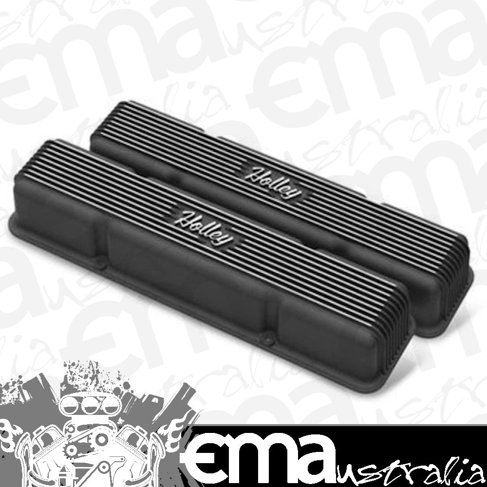 Valve Covers Vintage Series Cast Aluminium Black Wrinkle Finned Holley Logo Chevy Small Block Pair