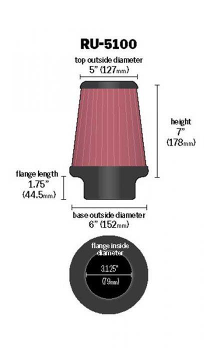 K&N Filters KNRU-5100 Performance Filters Universal Air Filter Element Conical 3.12" Flange 7.00" Height 6.00" O.D