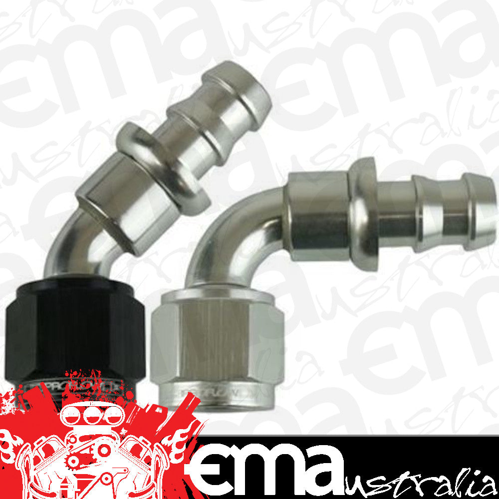 90 DEG PUSH ON HOSE END - 8 BLACK/SILVER