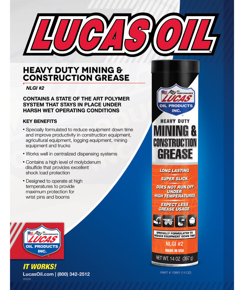 Lucas Oils LUS-10881-10 H D Minng & Construction Grease 10x1 14.0 OZ Cartridge