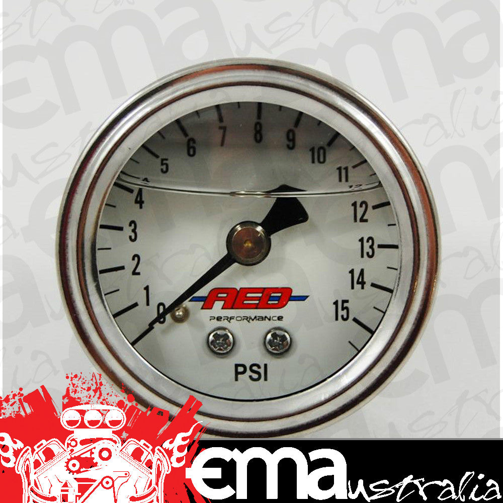 AED AED6101 1-1/2" Mech Fuel Pressure Gauge 0-15 PSI Liquid Filled White/Chrome