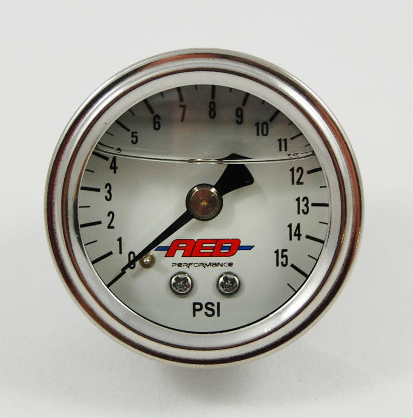 AED AED6101 1-1/2" Mech Fuel Pressure Gauge 0-15 PSI Liquid Filled White/Chrome