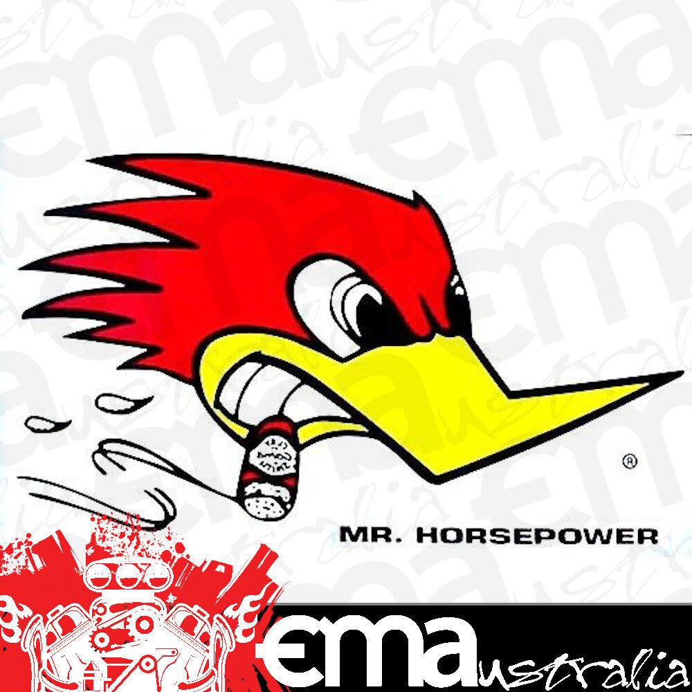 Mooneyes MNCSD18R Clay Smith "Mr Horsepower" Sticker Large w/ Woodpecker Logo 6.5" H x 11" W R/H