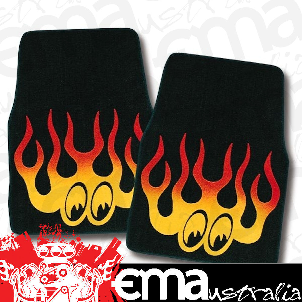 Mooneyes MNDKMP075FFBK Carpet Floor Mats Black w/ Red & Yellow Flames 36" x 20"