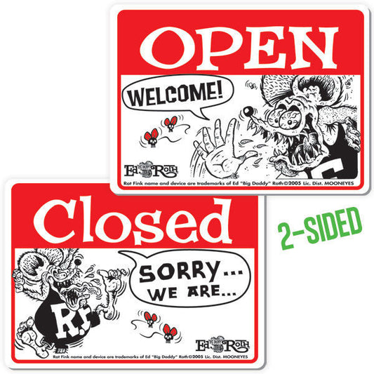 Mooneyes MNRAF231 Rat Fink Double Sided Open Closed Sign Red & White Horizontal