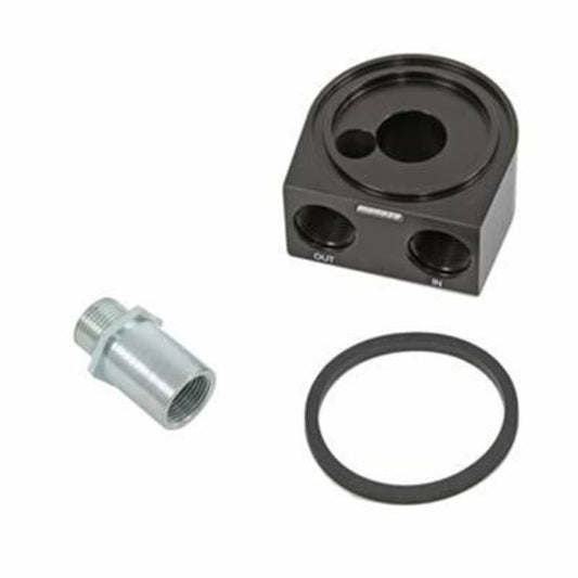 Moroso MO23694 Oil Filter Adapter Sandwich Aluminium Black Anodized 13/16-16 In. Thread -10 An O-Ring Inlet/Outlet (each)