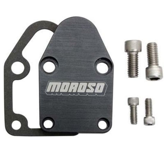 Moroso MO65395 Fuel Pump Block-Off Plate; Incl. Gaskets Stainless Steel Socket Head Screws; Black Anodized Billet Aluminium