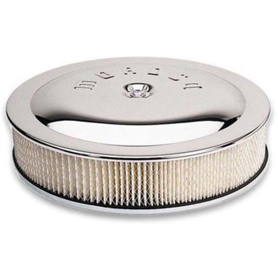 Moroso MO65945 Air Filter Assembly Flat Bottom 14 In.Diameter Dominator Steel Chrome Logo 3 In. Filter (each)