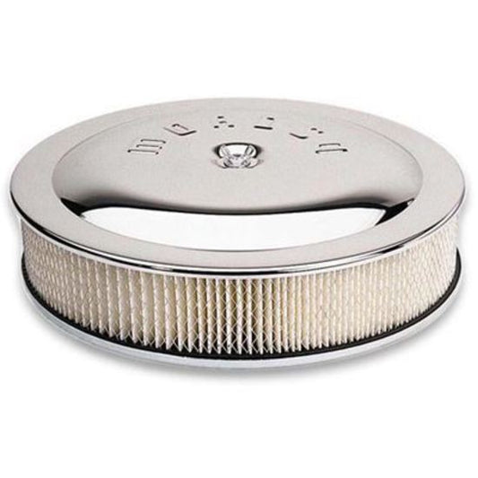 Moroso MO65945 Air Filter Assembly Flat Bottom 14 In.Diameter Dominator Steel Chrome Logo 3 In. Filter (each)
