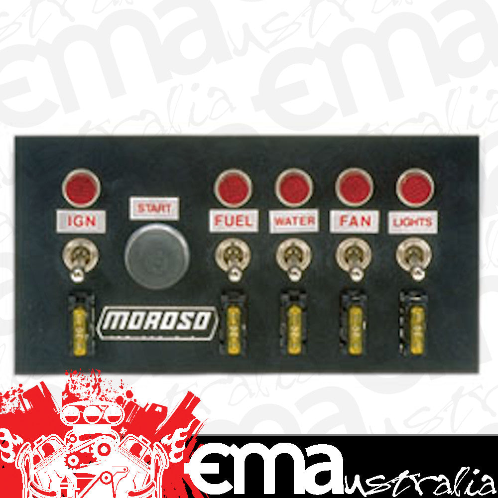 Moroso MO74131 Drag Race Switch Panel, 4" X 7.75" (incl: Ignition/Starter Button, Fuel, Water, Fan & Lights Switch)