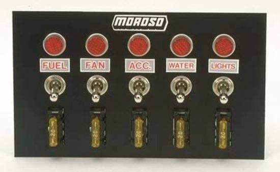 Moroso MO74134 Toggle Switch Panel; Accessory; 4 In. X 6.75 In.; Power Indicator Lights; Incl. 5 On and Off Switches 25 Lamp Load Or 35 Inductive Load