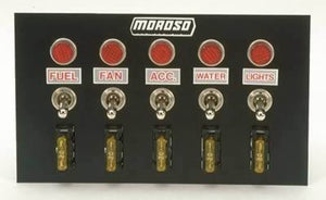 Moroso MO74134 Toggle Switch Panel; Accessory; 4 In. X 6.75 In.; Power Indicator Lights; Incl. 5 On and Off Switches 25 Lamp Load Or 35 Inductive Load
